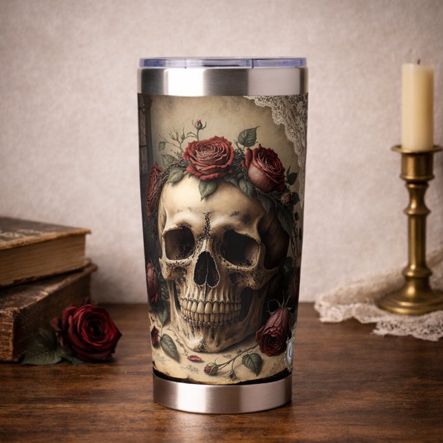 Gothic Skull Rosen Monogramm Dark Academia Design Thermobecher (Gothic Skull Roses Monogram Dark Academia Design Insulated Tumbler)