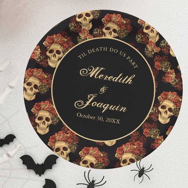 Gothic Skull Rote Rose Black Halloween Hochzeit Pappteller (Von Creator hochgeladen)