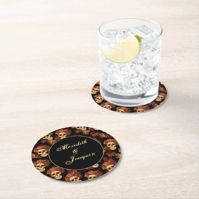 Gothic Skull Rote Rose Black Halloween Hochzeit Runder Pappuntersetzer (Vor Ort)