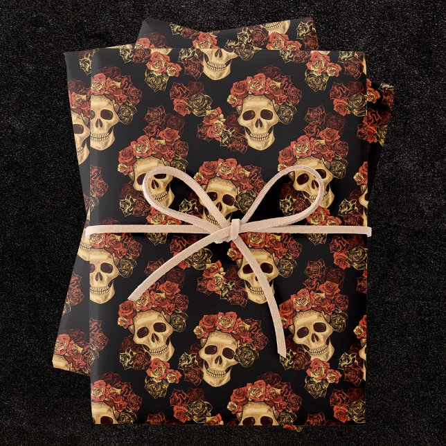 Gothic Skull Rote Rose Black Halloween Muster Geschenkpapier Set (Von Creator hochgeladen)