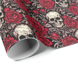 Gothic Skull & Rote Rosen Toile Muster Geschenkpapier