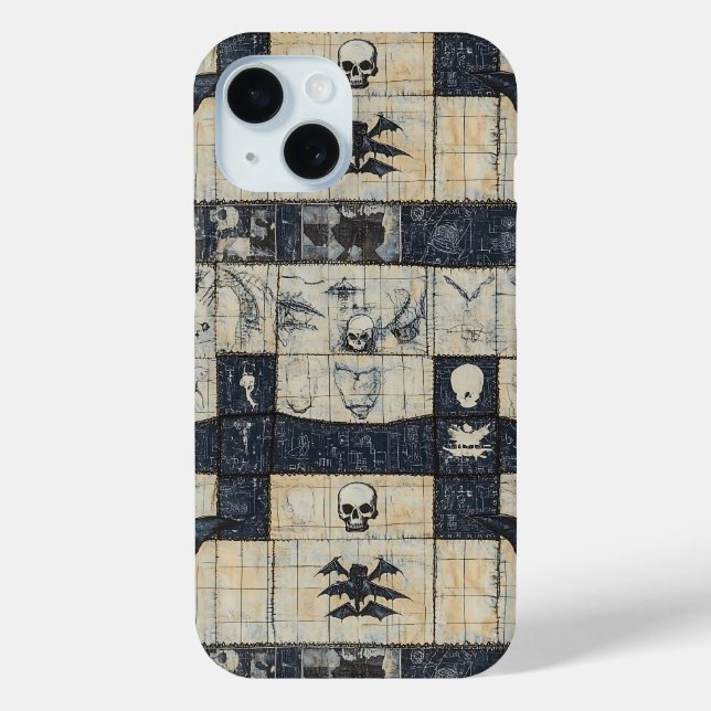 Gothic Skull- und Fledermaus-Denim-Collage Case-Mate iPhone Hülle (Rückseite)