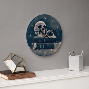 Gothic Skull Vintage alte Bücher Cyanotyp Macabre Große Wanduhr