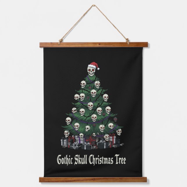 Gothic Skull Weihnachtsbaum | Alternative Spooky Wandteppich Mit Holzrahmen (Vorderseite)