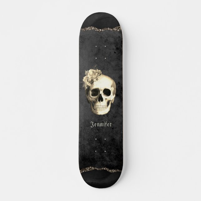 Gothic Skull White Roses Personalisiert Skateboard (Vorne)