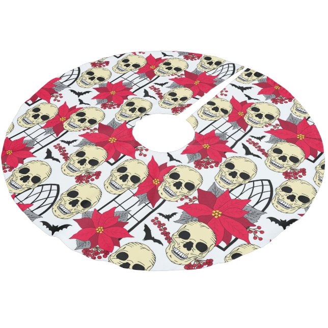 Gothic Skulls Fledermäuse und Blume Goth Polyester Weihnachtsbaumdecke (Schrägansicht)