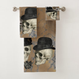Gothic Skulls in Hats Vintag Halloween Badhandtuch Set