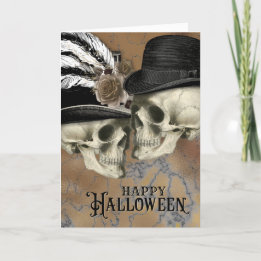 Gothic Skulls in Hats Vintag Halloween Feiertagskarte