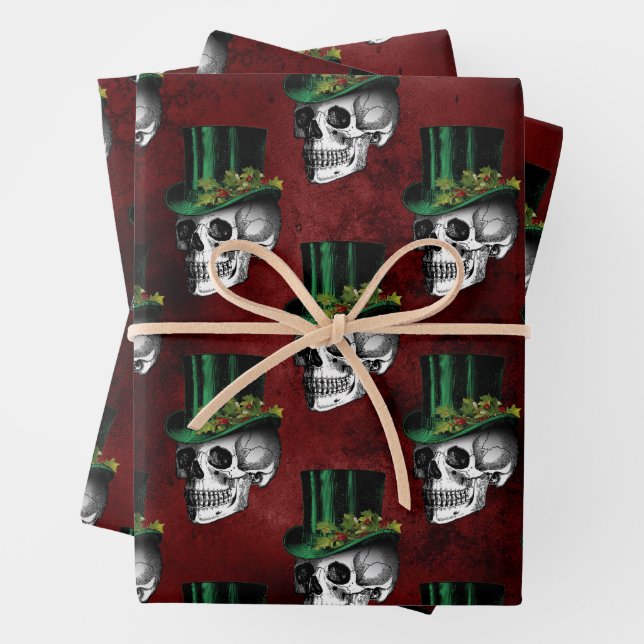 Gothic Skulls in Top Hats Red Green Holiday Geschenkpapier Set (Beispiel)
