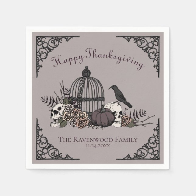 Gothic Skulls, Pumpkin & Herbstlaubs Erntedank Serviette (Vorderseite)