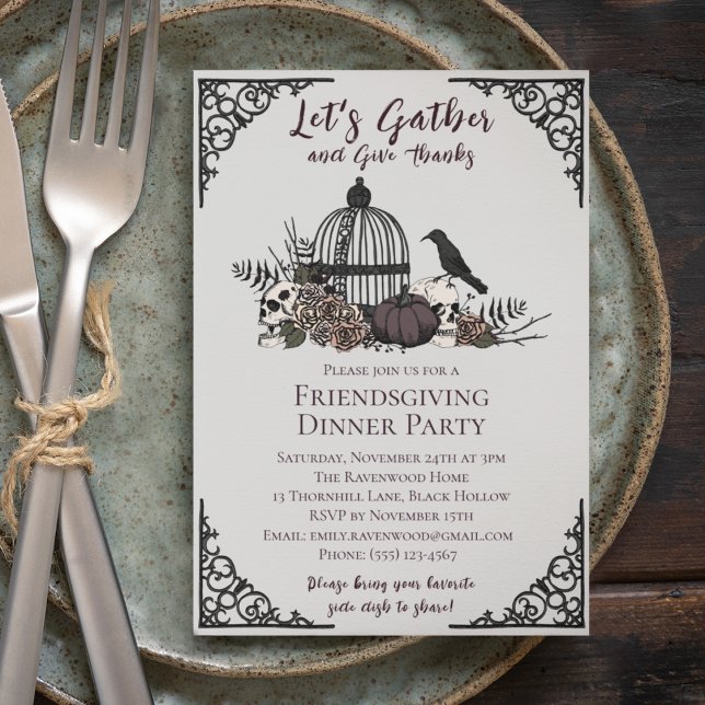 Gothic Skulls & Rose Danke an die Freundschaft Einladung (Gothic Friendsgiving Dinner Gray Invite. Hand-Drawn Skulls, Roses, Birdcage, Pumpkin & Fall Leaves)