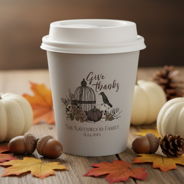 Gothic Skulls & Rose Danke an die Freundschaft Pappbecher (Fall Party Gray Give Thanks Gothic Thanksgiving Paper Cups. Vintage Skull, Birdcage, Pumpkin & Rose)