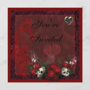 Gothic Skulls Rose & Hearts Black & Red Geburtstag Einladung