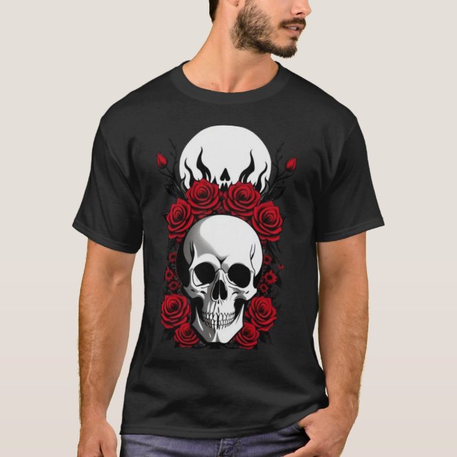 Gothic Skulls und Rote Blume Basic Dark T - Shirt (Vorderseite)