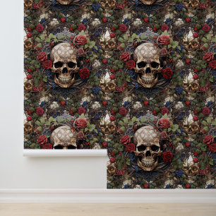 Gothic Skulls und Rote Rosen Blumenkeltische Knüpf Tapete