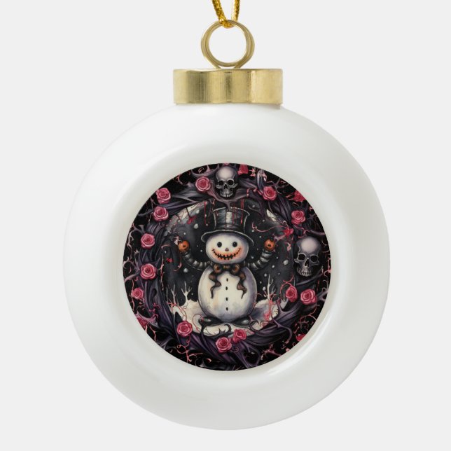 Gothic Snowman Skulls und Rose Keramik Kugel-Ornament (Vorderseite)