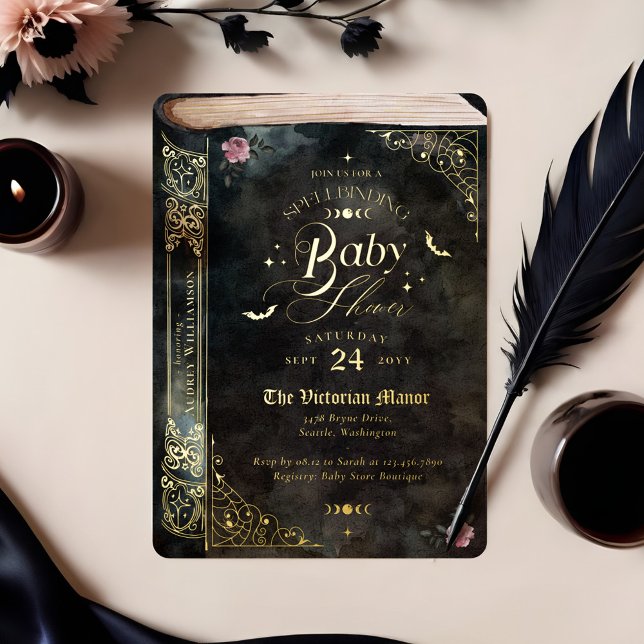 Gothic Spellband Vintag Goth Book Baby Shower Folieneinladung (Gothic Spellbinding Vintage Goth Book Baby Shower Foil Invitation)
