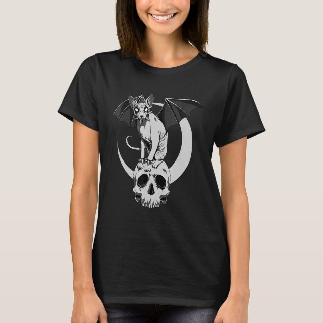 Gothic Sphynx Cat Bat Wicca Goth Skull Evil Pagan T-Shirt (Vorderseite)