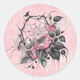 Gothic Spider Web mit Rose   Rosa Halloween Runder Aufkleber