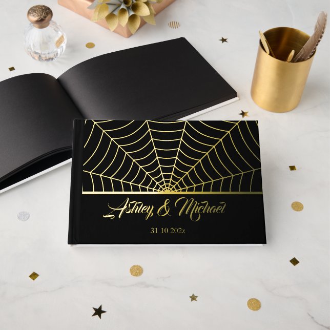Gothic Spinnweb Custom Wedding Black Gold Folie Gästebuch (Vorderseite Offen)