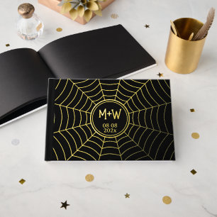 Gothic Spinnweb Monogram Wedding Black Gold Folie Gästebuch