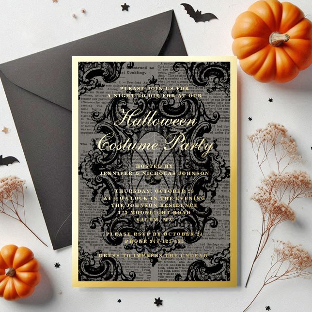 Gothic Spione Halloween Kostüm Party Gold Folieneinladung (Gothic Spider Halloween Costume Party Gold Foil Invitation)
