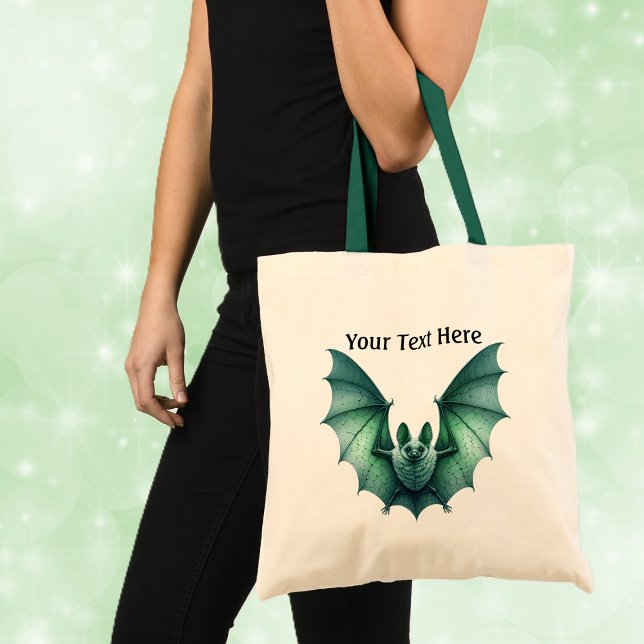 Gothic Spooky Green Bat Wings Spread Tragetasche (Spooky Gothic look green furry bat with spread wings on white tote bag with green handles.)
