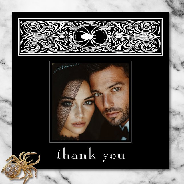Gothic Spooky Spider Schwarz-weiße Hochzeitsszene  Dankeskarte (Gothic Spooky Spider Black White Wedding Photo Thank You Card)