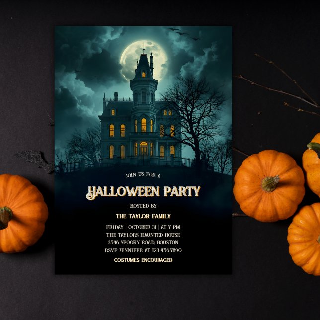 Gothic Spuk House Halloween-Party Einladung (Gothic Haunted House Halloween Party Invitation – Full Moon Night | Annual Costume Party)