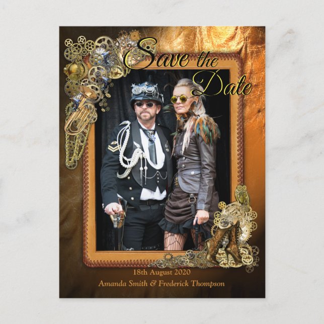 Gothic - Steampunk Save the Date auf Leder Ankündigungspostkarte (Vorderseite)