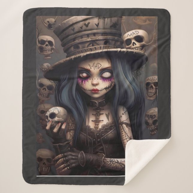 Gothic Steampunk Skull Girl – Dark Fantasy Cozy Sherpadecke (Vorderseite)