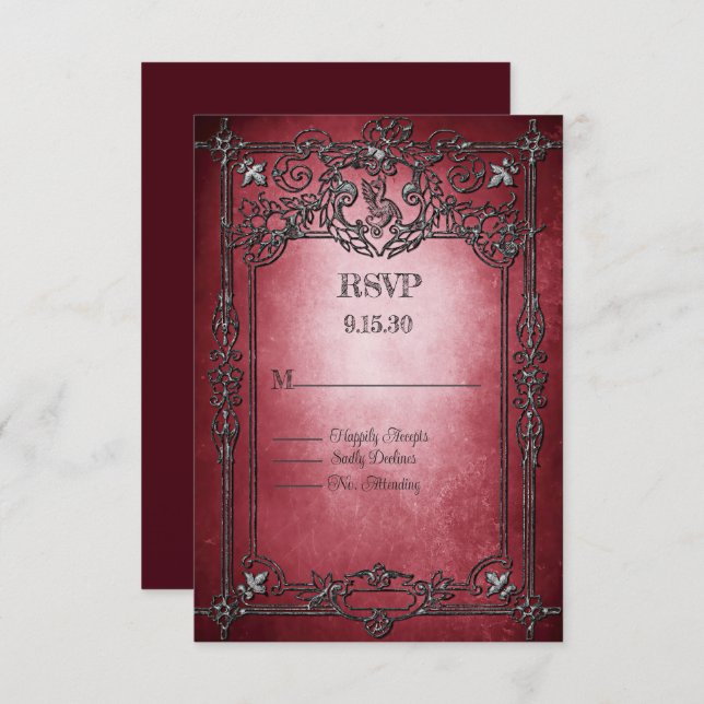 Gothic Style Dark Burgundy Silver Frame Wedding RSVP Karte (Vorne/Hinten)