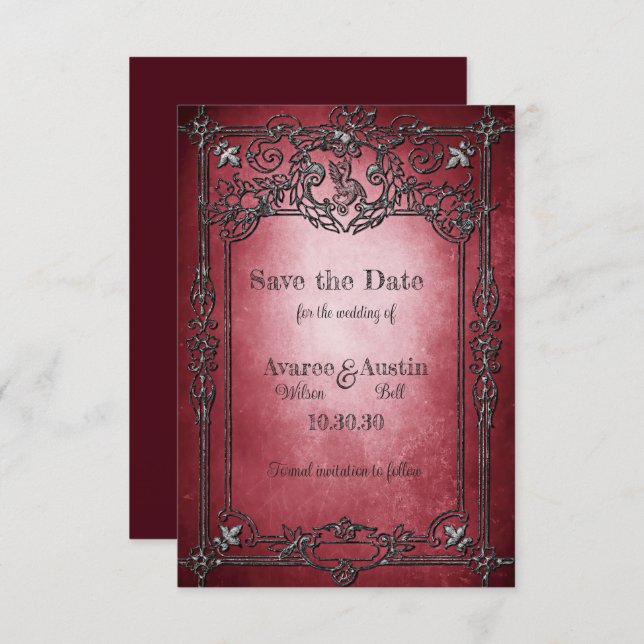 Gothic Style Dark Burgundy Silver Frame Wedding Save The Date (Vorne/Hinten)
