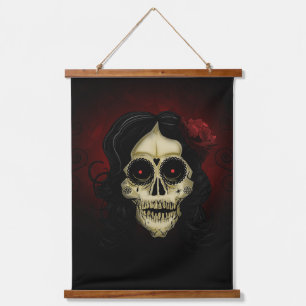 Gothic Sugar Skull Frau rote Rose Tag der Toten  Wandteppich Mit Holzrahmen