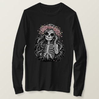 Gothic Sugar Skull Mädchen mit rosa floralem CrT-S T-Shirt