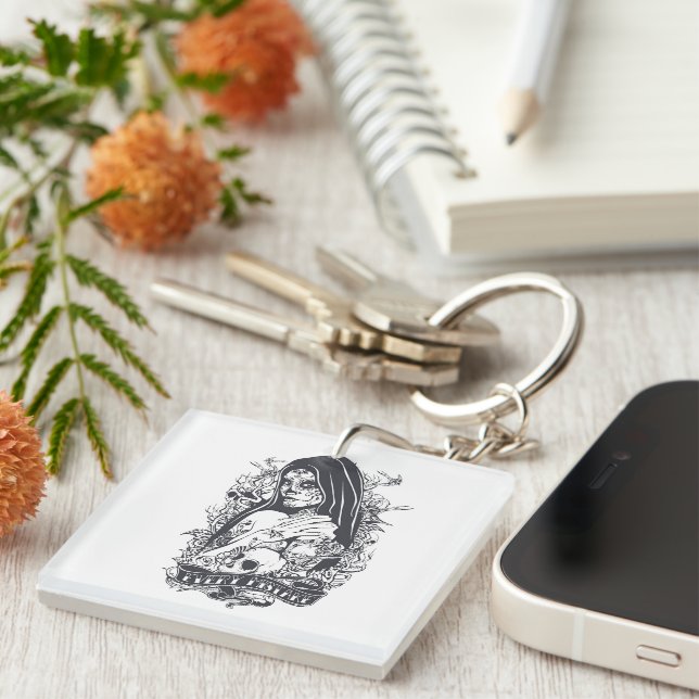 Gothic Sugar Skull Woman Tattoo Art Schlüsselanhänger (Vorderseite rechts)