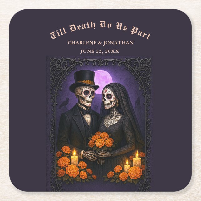 Gothic Sugar Skulls Couple Wedding Rechteckiger Pappuntersetzer (Vorderseite)
