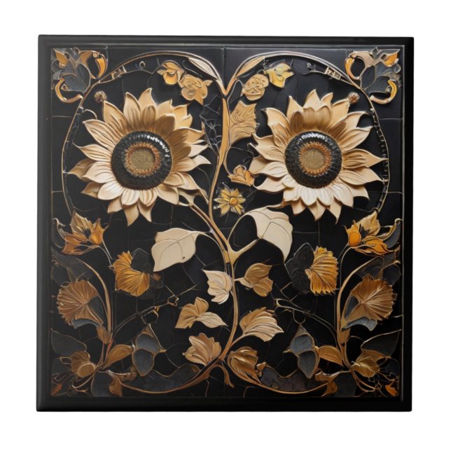 Gothic Sunflowers - Gold Black Imitats Relief Blum Fliese (Vorderseite)