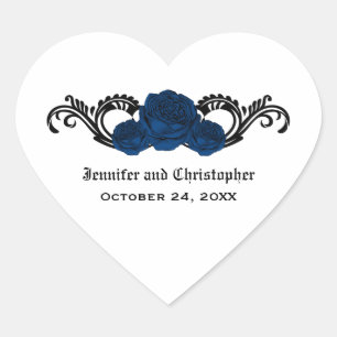 Gothic Swirl Rose Hochzeitsticker, Blau Herz-Aufkleber