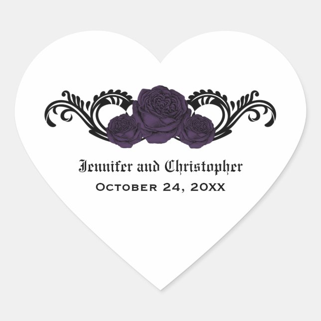 Gothic Swirl Rose Hochzeitsticker, Lila Herz-Aufkleber (Vorderseite)