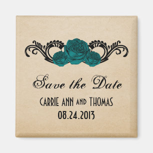 Gothic Swirl Roses Save the Date Magnet, Teal Magnet