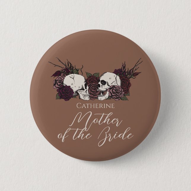 Gothic Tan Brown Skull & Rose Wedding Party Button (Vorderseite)