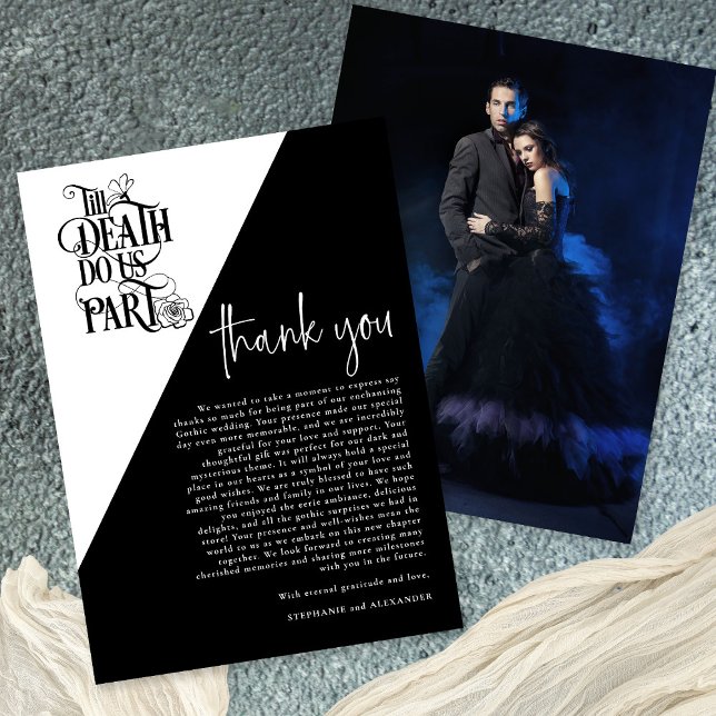Gothic Till Death Do us Part Foto Hochzeit Dankeskarte (Front and back view)