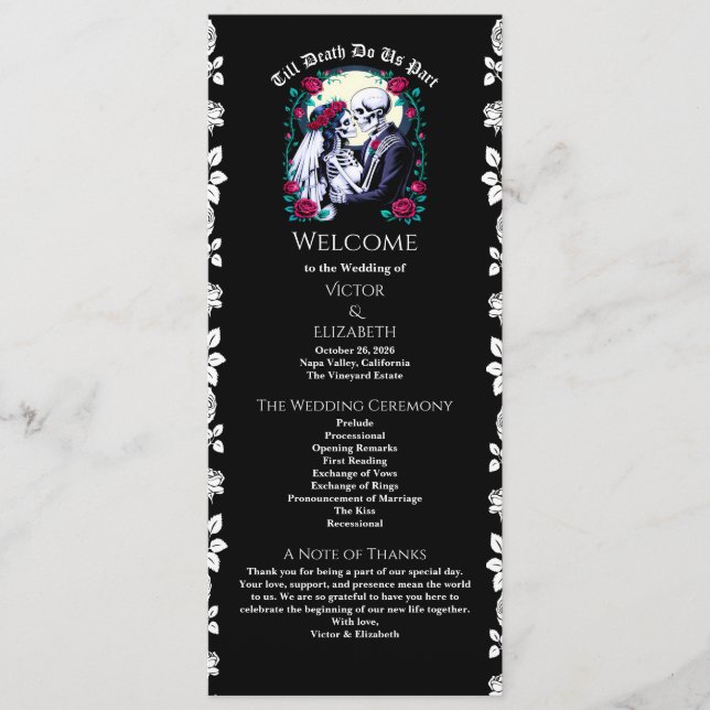 Gothic Till Death Rose Skelett Black Wedding Programm (Vorderseite)