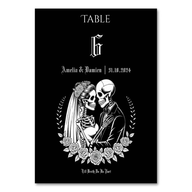 Gothic Till Death Skeleton Couple Floral Wedding Tischnummer (Vorderseite)