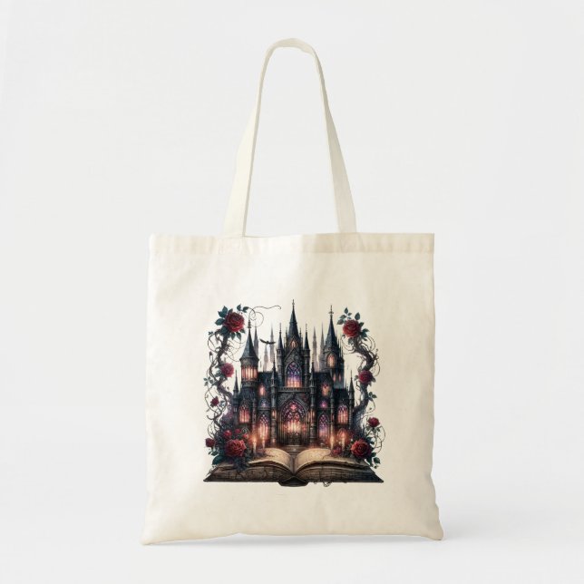 Gothic Tote Bag mit Open Book, Castle & Rose Tragetasche (Vorne)