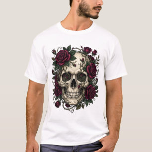 Gothic Totenkopf mit dunkelroten Rosen und Dornen- T-Shirt