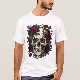 Gothic Totenkopf mit dunkelroten Rosen und Dornen- T-Shirt