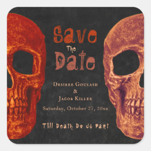 Gothic Totenkopf Orange Schwarz Save The Date Quadratischer Aufkleber