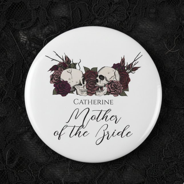 Gothic-Totenkopf & Rosen Hochzeitsfeier Button (Elegant Gothic Wedding Buttons for Mother of the Bride or Bridesmaid. Gothic Wedding Party Buttons)